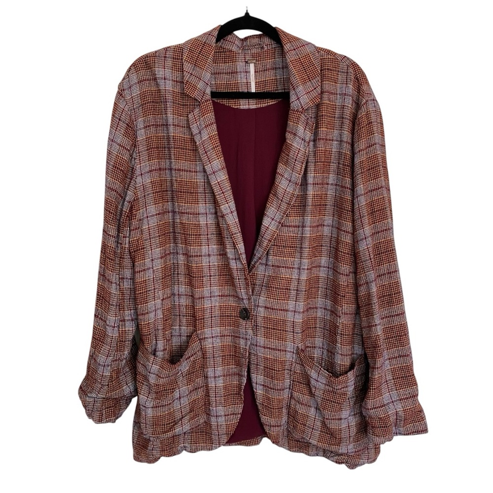 Free People Plaid Oversized Blazer Jacket Small Burgundy Yellow Boyfriend - Picture 5 of 11
